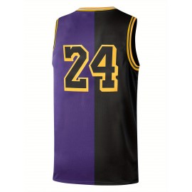 Men's Black & Purple Color Block Basketball Jersey with Embroidered 24 & #8 Design - Breathable Loose Fit Streetwear for All-Season Sports & Casual Wear, Basketball Gear, Durable Sportswear