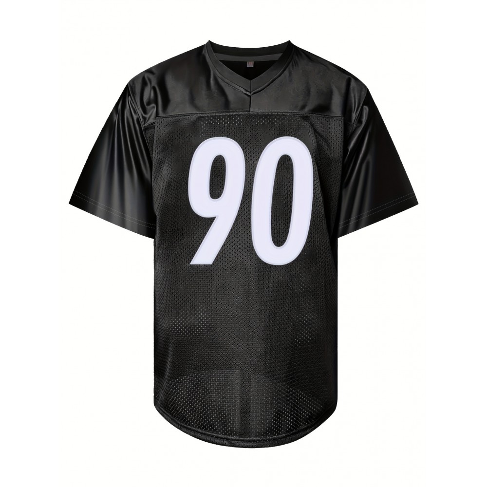 Men's Black #90 Breathable American Football Jersey - V-Neck Short Sleeve Embroidered Rugby Shirt, Loose Fit All-Season Training & Match Uniform for Team Sports, Casual Outings & Outdoor Activities, Football Gear