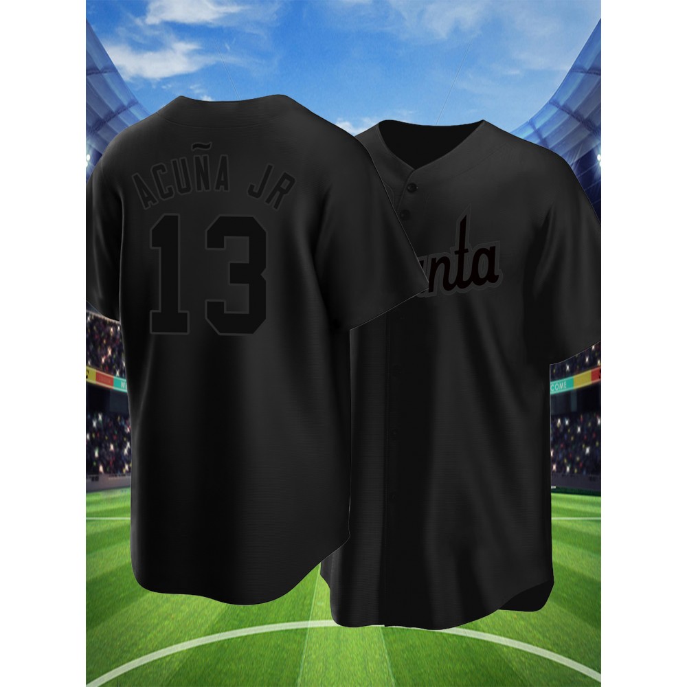 Men's Black #13 Baseball Shirt with Classic Embroidered Letter Design, Button-Up V-Neck Loose Fit Breathable Fabric for Training, Competition & Casual Wear - All-Season Sportswear for Men & Youths, Durable Sportswear