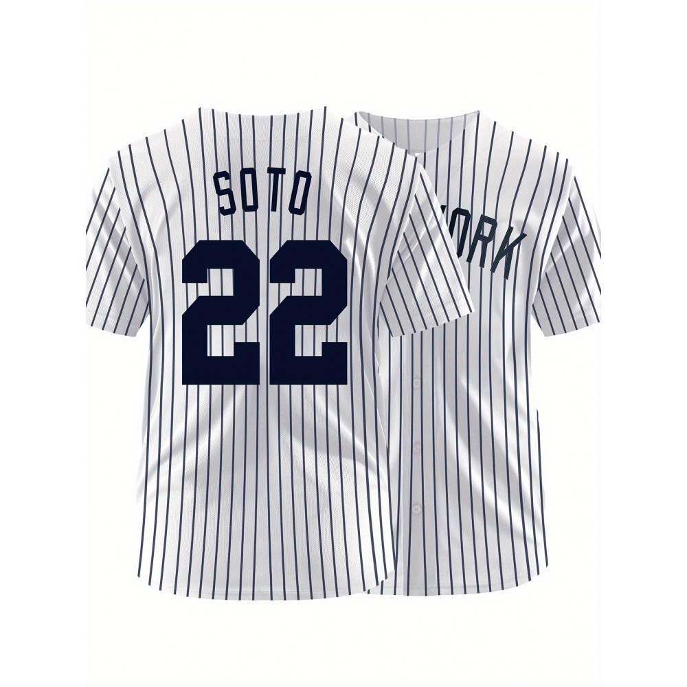 Men'S Black And White Stripe # 22 Baseball Shirt, Loose Embroidered Sports, Fashionable And Casual, Street Breathable