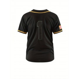 Men's #1 Black Baseball Jersey with Golden Embroidery - Breathable, Sporty V-Neck, Casual & Streetwear Style, Polyester, Machine Washable for All Seasons