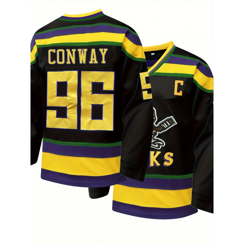 Men'S Black # 96 Ice Hockey Shirt, Loose Embroidered Long Sleeves, Sporty, Fashionable, Casual, Street Breathable