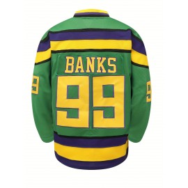 1pc Men'S Ice Hockey Jersey - Green #99 Banks Embroidered Long Sleeve Knit Polyester Sports Top with V-Neck for Casual, Outdoor, Hiking, Workout - Breathable, Slight Stretch, Four Seasons