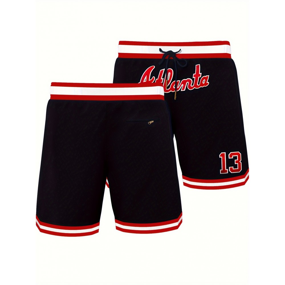 Men's #13 Atlanta Embroidered Basketball Shorts - Dark Blue, Breathable & Stylish with Pockets, Zipper Detail, Red & White Striped Trim, Ideal for Sports & Casual Wear, Athletic Leisure Wear|Relaxed Fit Shorts|Polyester Fabric, Basketball Gear