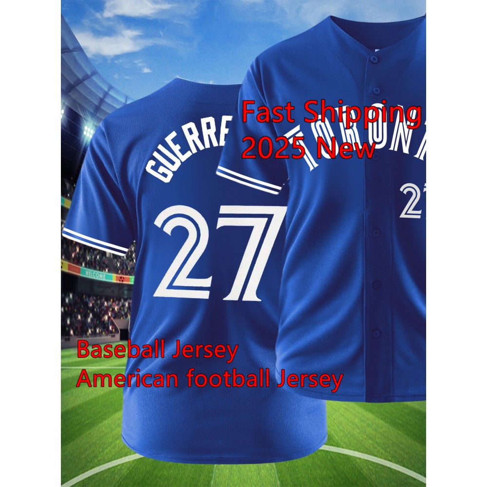 Men'S Blue # 27 Baseball Shirt, Classic Letter Embroidery Design, Breathable Button style Short Sleeve Shirt, Used for Training and Competition