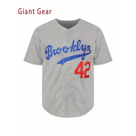 Men's #42 Gray Baseball Jersey - Breathable V-Neck Loose Fit with Red & Blue Lettering, Machine Washable for Training, Hiking, Team Sports & Casual Wear (Sizes S-3XL)