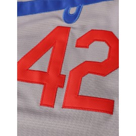 Men's #42 Gray Baseball Jersey - Breathable V-Neck Loose Fit with Red & Blue Lettering, Machine Washable for Training, Hiking, Team Sports & Casual Wear (Sizes S-3XL)