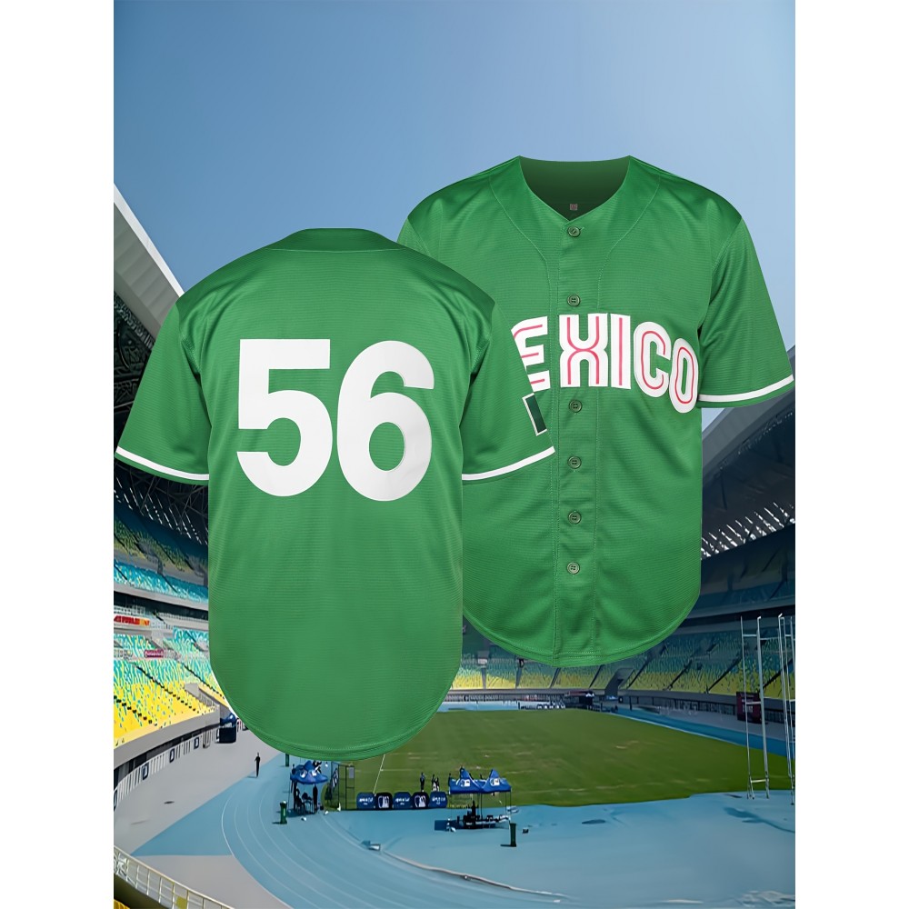 Men'S Baseball Shirt # 56 Green Sports Shirt Knitted Loose Fabric