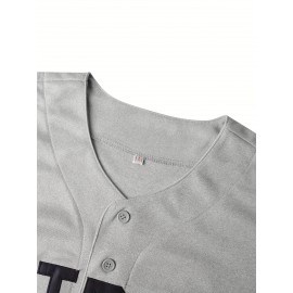 Men's Embroidered Number 6 Baseball Shirt - Grey Loose Knit V-Neck Button-Up, Polyester Sportswear for Spring Summer Fall, Casual & Team Sports (Sizes S-3XL)