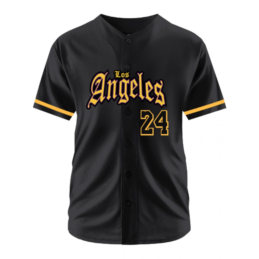 Men'S Black # 24 Baseball Jersey, Classic Retro High-End Letter Embroidery Design, Breathable Button Style Short Sleeved Shirt, Suitable for Training And Games