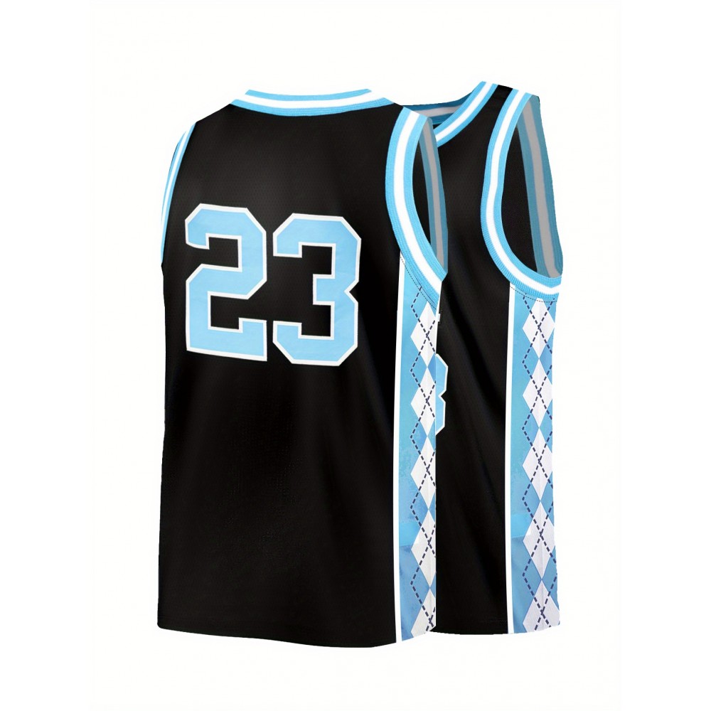 Men'S Black # 23 Patchwork Checkered Basketball Shirt, Casual, Fashionable, Breathable, High-Quality Embroidered Street Basketball Pullover for Sports