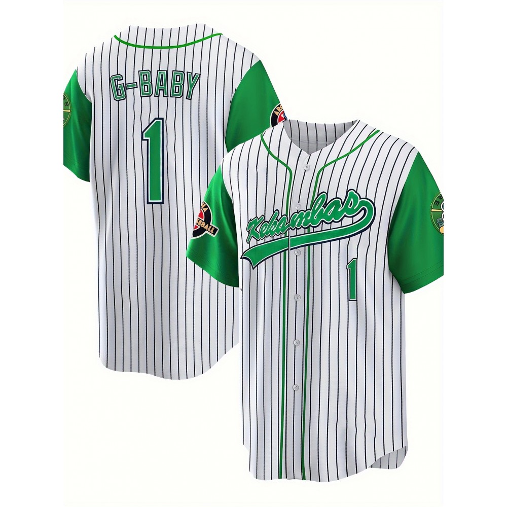 Men's #1 G-Youngsters Embroidered Baseball Jersey - Green & Black Striped, Breathable Polyester, V-Neck, Button-Up, Casual & Sporty Style for Parties, Streetwear, Training & Casual Attire