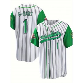 Men's #1 G-Youngsters Embroidered Baseball Jersey - Green & Black Striped, Breathable Polyester, V-Neck, Button-Up, Casual & Sporty Style for Parties, Streetwear, Training & Casual Attire