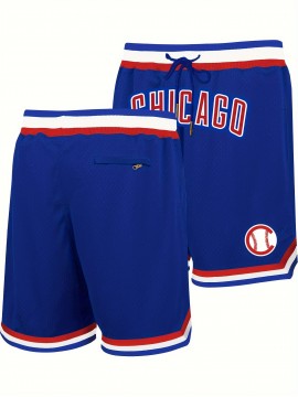 Blue High Quality Men's Embroidered Baseball Shorts with Pockets, Breathable, Casual Fashion, Sports Zipper