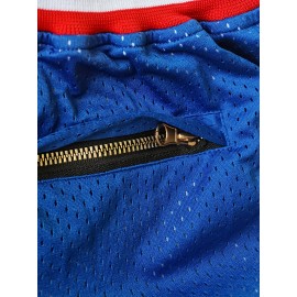 Blue High Quality Men's Embroidered Baseball Shorts with Pockets, Breathable, Casual Fashion, Sports Zipper
