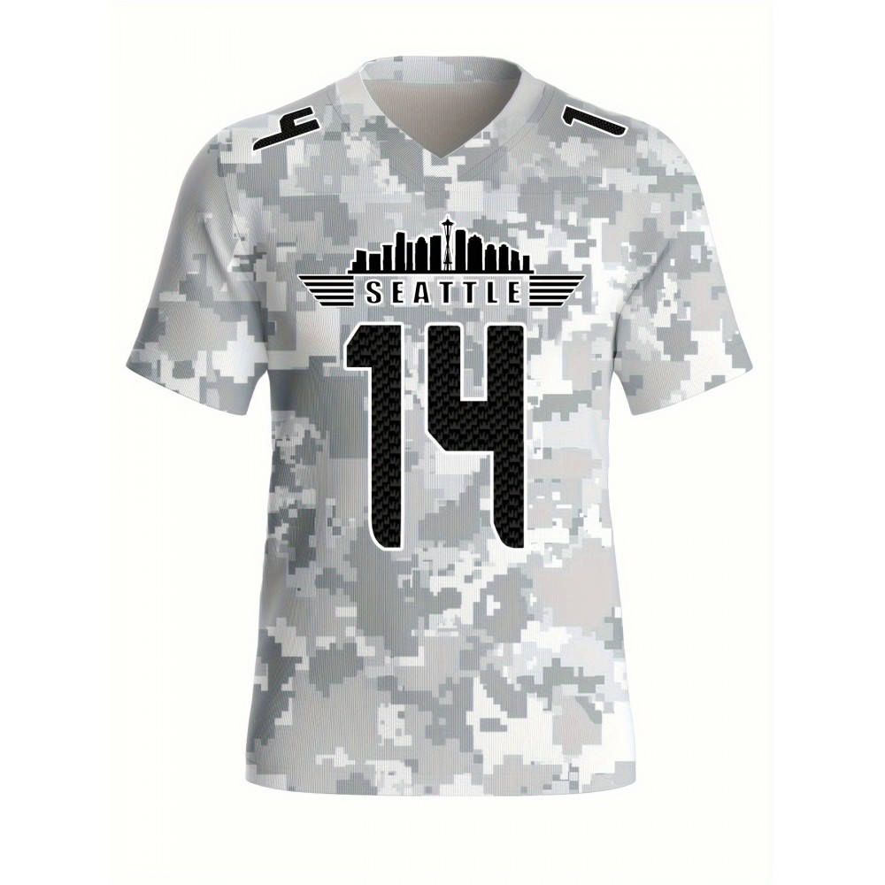 Women's Arctic Camo Seattle #14 Polyester Football Jersey, Women V-Neck Game Day Sports Shirt With Slight Stretch, Breathable Casual Knit Fabric, Loose Fit Adult, Fans Gift Women, For Casual, Party, And Training Wear