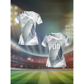Customizable Women's V-Neck Soccer Jersey - Personalized Name & Number, Breathable Athletic Top for Team Sports, Training, and Casual Wear - Quick-Dry, Comfort Fit, Geometric Print Design, Soccer Accessories