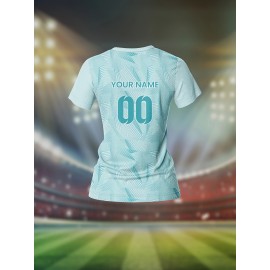Customizable Women's V-Neck Football Jersey - Personalized Name & Number, Light Blue with White Sleeve Stripes, Breathable Polyester for Sports, Training, and Casual Wear, Sports Training Apparel | Vneck Football Top | Moisturewicking Fabric
