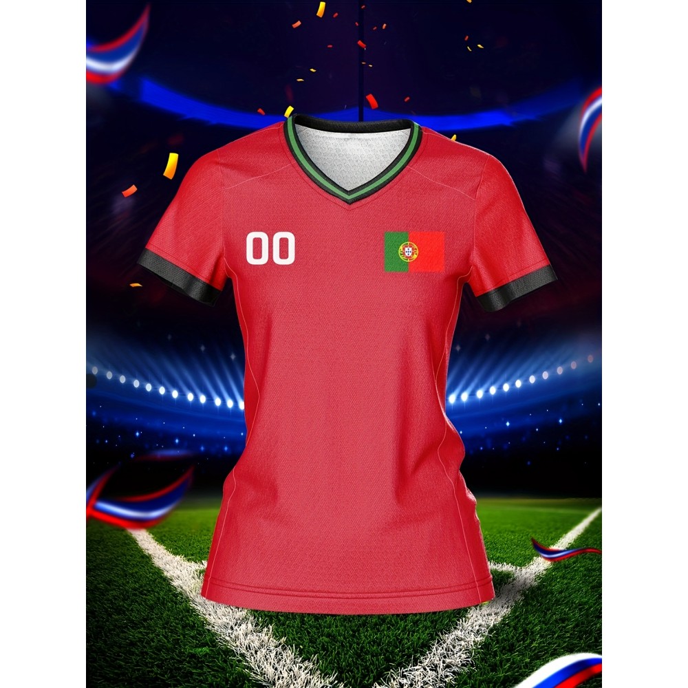 Customized Name & Number Women's V-Neck Football Jersey - Breathable Quick-Dry Moisture-Wicking Fabric, Team Emblem & Flag Design, Regular Fit for Team Training, Fitness, Casual Wear (Spring/Summer/Fall), Customized Jersey, Quickdrying Fabric