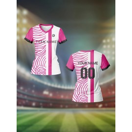 Customizable Women'S V-Neck Soccer Jersey - Personalized Team Name & Number, Breathable & Quick-Dry Fitness Shirt for Training & Casual Wear, Pink & White Design, Spring/Summer/Fall, Training Apparel | Stylish Soccer Top | Quickdry Materia