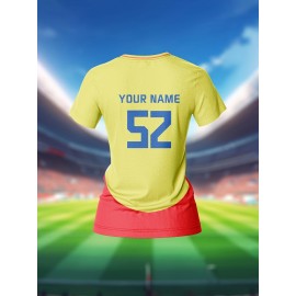 Customizable Women's V-Neck Soccer Jersey - Personalized Name & Number, Breathable Quick-Dry Sports Top for Team Training, Fitness & Casual Wear, Yellow with Blue Stripe Design, Casual Sportswear | Customizable Athletic Wear | Durable Sports Clothing