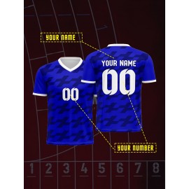 1pc Customizable Soccer Jersey for Kids - V-Neck, All-Season Knit Polyester Football Shirt with Personalized Name & Number, Preppy Street Style, Medium Stretch, Patterned - Ideal for Sports, Parties, Beach, Casual Outings